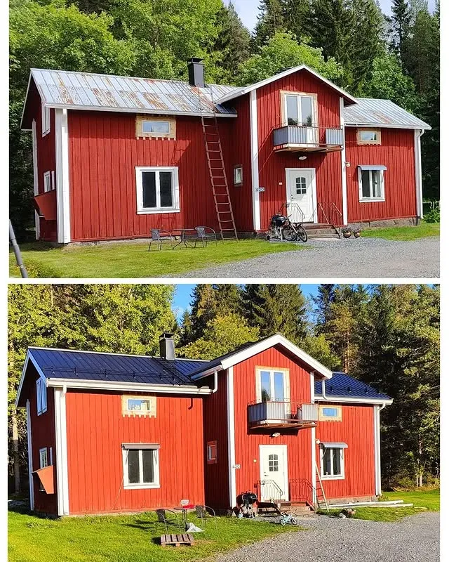 Rött hus före och efter renovering med nytt tak